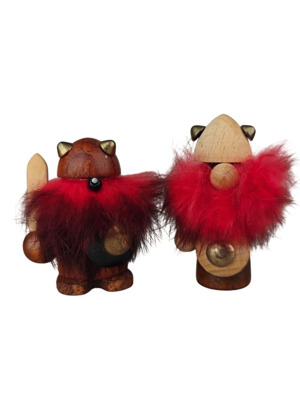 Vintage Lot Of 2 Miniature Teak Wooden Viking Figurines Helmets Swords Denmark